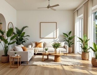 Fototapeta premium bright airy living space with tropical palms soft couch wooden tables and natural decor for a lush warm interior setting no punctuation or special characters in this prompt