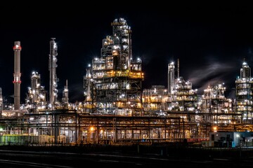 Fototapeta premium At night, a sprawling refinery is brightly illuminated, revealing an intricate network of pipes, tanks, and chimneys, highlighting the industrial activity and energy production