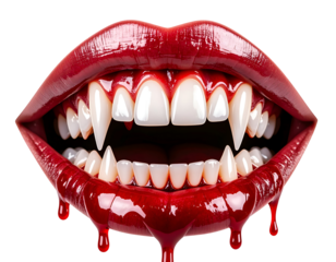 Vampire fangs mouth with dripping blood isolated on transparent background