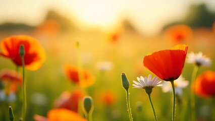 Naklejka premium Wildflowers Blooming in a Golden Sunset