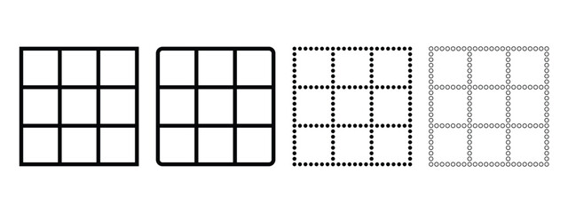 Set of Solid Line 3x3 Editable Square 9 Box Grid image with Dotted Line Grid image White Background Vector Illustration.