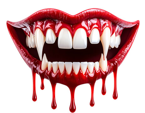Vampire fangs mouth with dripping blood isolated on transparent background - Powered by Adobe
