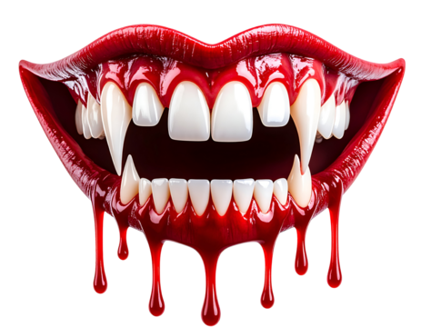 Vampire fangs mouth with dripping blood isolated on transparent background - Powered by Adobe