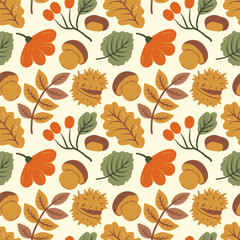 Seamless pattern with colorful autumn leaves, berries. Vector background for Thanksgiving Day.