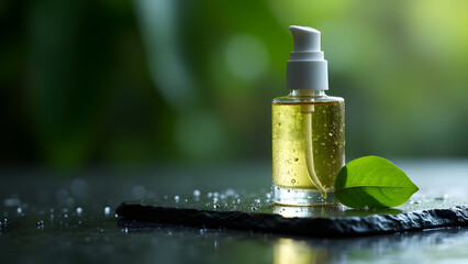 Natural Essential Oil Bottle with Fresh Green Leaves on Dark Stone