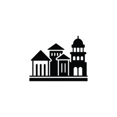 Adobe IllusA black and white graphic illustration depicts a row of buildings with varying rooflines and architectural features, including a dome.trator Artwork