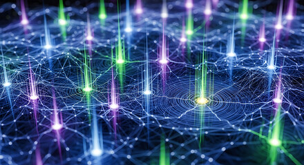 Fototapeta premium An abstract digital network of glowing nodes connected by a web, with colorful light beams shooting upwards, representing data and artificial intelligence.