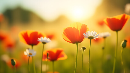 Fototapeta premium Wildflowers Blooming in a Golden Sunset