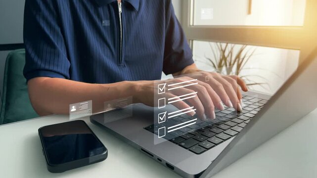 Employees must complete online survey form with answer test questions. Business person marked checklist on a clipboard. Human resources and management.	
