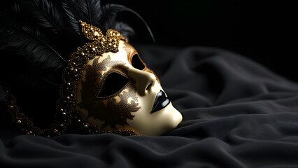 Elegant Venetian Masquerade Mask with Feathers on Dark Silk