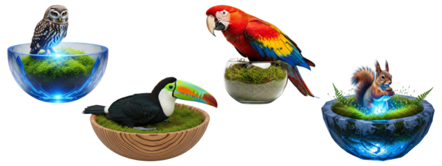 Collection of exotic wild birds and a squirrel resting in different bowls