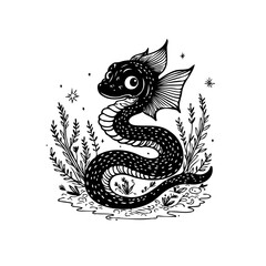 Enchanting sea serpent illustration: A whimsical linework portrayal of a mythical creature in aquatic flora and fauna scene