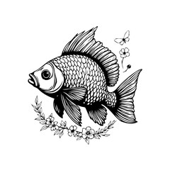Elegant goldfish with floral ornament design, a whimsical aquatic life illustration adorned by butterfly and flower elements