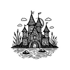 Enchanting castle illustration with intricate details surrounded by water featuring whimsical clouds in a captivating fantasy world