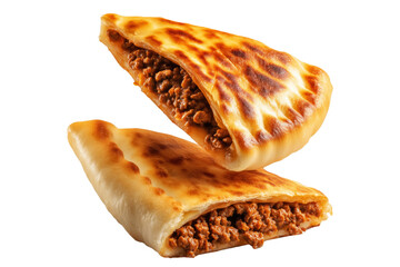 Grilled stuffed flatbread like Arayes pita filled with seasoned minced meat, isolated on white transparent background, concept of traditional Arabic street food