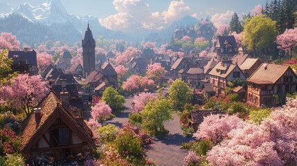 Serene village in spring with blooming cherry blossoms