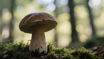 A solitary mushroom with a broad cap grows amidst moss in a sunlit forest setting.