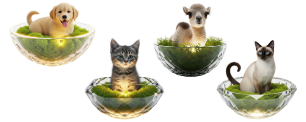 Collection of adorable wild animals, a kitten and a puppy sitting in glass bowls