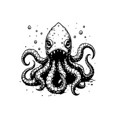Illustrated depiction of an octopus in black and white evoking a sense of wonder and marine life