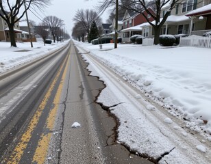 urban road damaged by snow plow activity and cold temperature cracking surface over time from pressure and freezing no punctuation or unusual characters used here