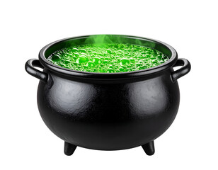 Witch’s cauldron with green bubbling potion isolated on transparent background