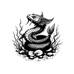 Mystical serpent coiled around rocks and surrounded by vegetation artistic black and white drawing, a captivating artwork