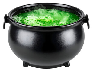 Witch’s cauldron with green bubbling potion isolated on transparent background