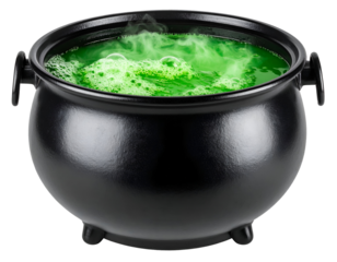 Witch’s cauldron with green bubbling potion isolated on transparent background