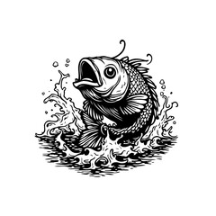 Dynamic monochrome illustration depicting a fish leaping through water in a artistic style design artwork