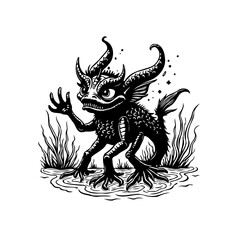Mystical horned creature standing in the water, intricate black and white fantasy artwork, whimsical illustration