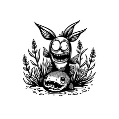 Cartoonish underwater creatures whimsical scene two funny fish among aquatic plants black and white illustration vector