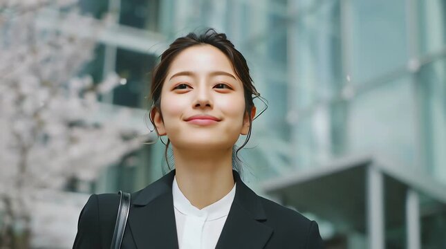 春のオフィス街で前向きな表情を見せる若い日本人女性ビジネスパーソンのポートレート｜就活,新社会人,スーツ,希望,桜,採用
