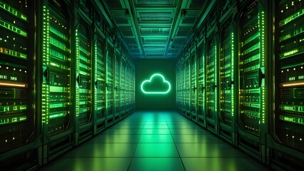 Futuristic server room with glowing cloud symbol