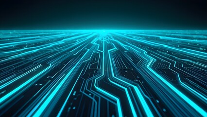 Glowing blue digital circuitry extending into the horizon