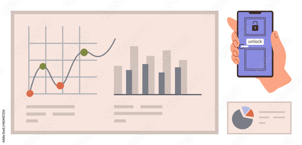 Poster charts with line, bar, and pie graphs next to a smartphone displaying a locked screen. ideal for cyb