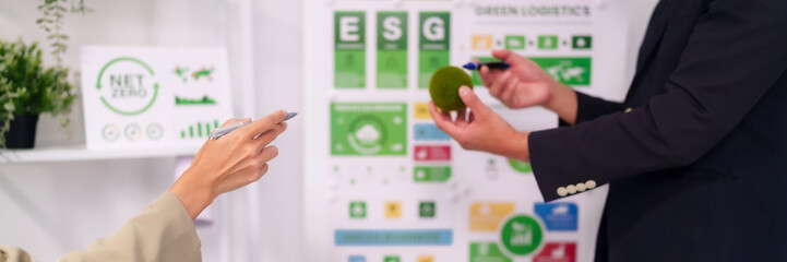 Business professionals discuss ESG sustainability strategy and net zero environmental goals in a...