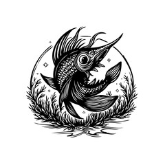 A detailed black and white illustration of a marlin surrounded by sea plants creating artistic feel, depth