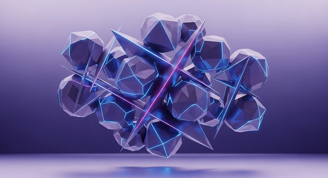 A floating cluster of dark, low-poly geometric crystals with glowing blue edges, pierced by intersecting neon pink and blue star shapes.