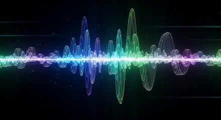 A vibrant, multicolored digital audio waveform glows with a blue and green gradient on a dark background.