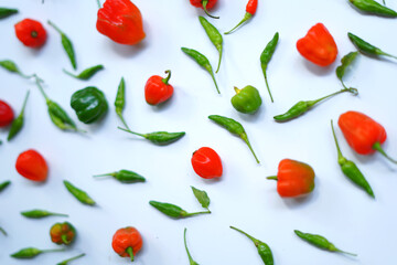 Fresh Red and Green Chilies Isolated on White Background.