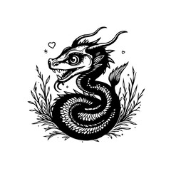 Fototapeta premium Mystical serpent illustration dragon in black and white design art with mythical creature character drawing