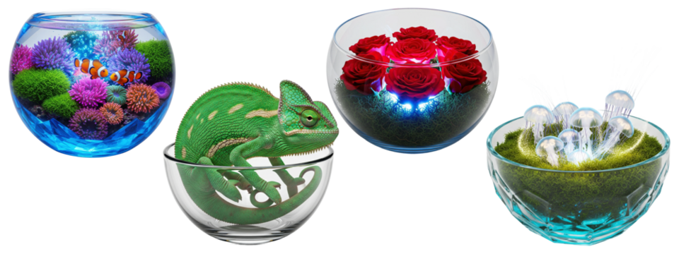 Collection of different animals, jellyfish, and flowers, including a chameleon and an aquarium, in glass bowls - Powered by Adobe