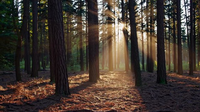 Serene Sunlight Through Tall Trees