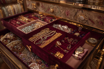 Ekskluzywna kolekcja biżuterii – lśniące pierścionki, naszyjniki i kolczyki w eleganckiej ekspozycji. Detal, który podkreśla luksusowy i kobiecy charakter przestrzeni.