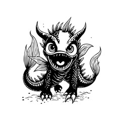 Whimsical creature with horns and scales with big eyes in black and white drawing