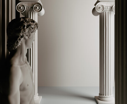 Classical art concept with statue of David looking at an empty space framed by two Ionic columns. Background for text, quotes, or historical and cultural content. 3D rendering.