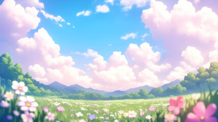 Fototapeta premium A Serene Meadow of Blossoming Flowers Under a Brilliant Blue Sky with Fluffy Clouds in a Picturesque Landscape — Nature's Beauty Captured in a Tranquil Scene