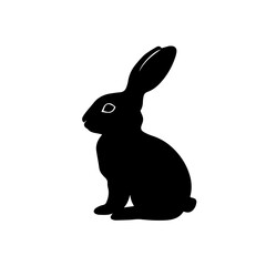 Simple black rabbit silhouette illustration. Minimalist bunny icon sitting profile, isolated on a white background. Graphic vector art.