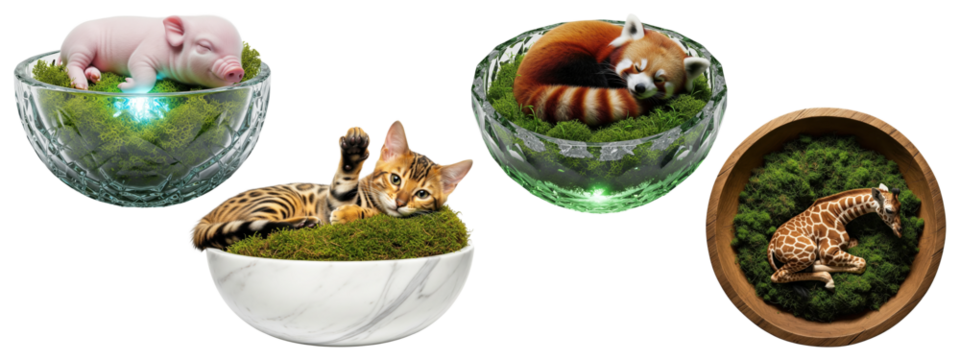 A cute collection of wild and farm animals, including a red panda and a Bengal cat, resting in bowls - Powered by Adobe