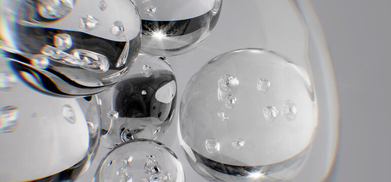 Macro 3D illustration of transparent collagen, face serum or water bubbles. Advertising  concept for skincare, cosmetics, or scientific innovations.
